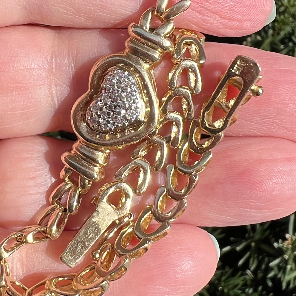 VINTAGE 14K YELLOW GOLD PAVE DIAMOND HEART BRACELET HEAVY THICK WELL MADE